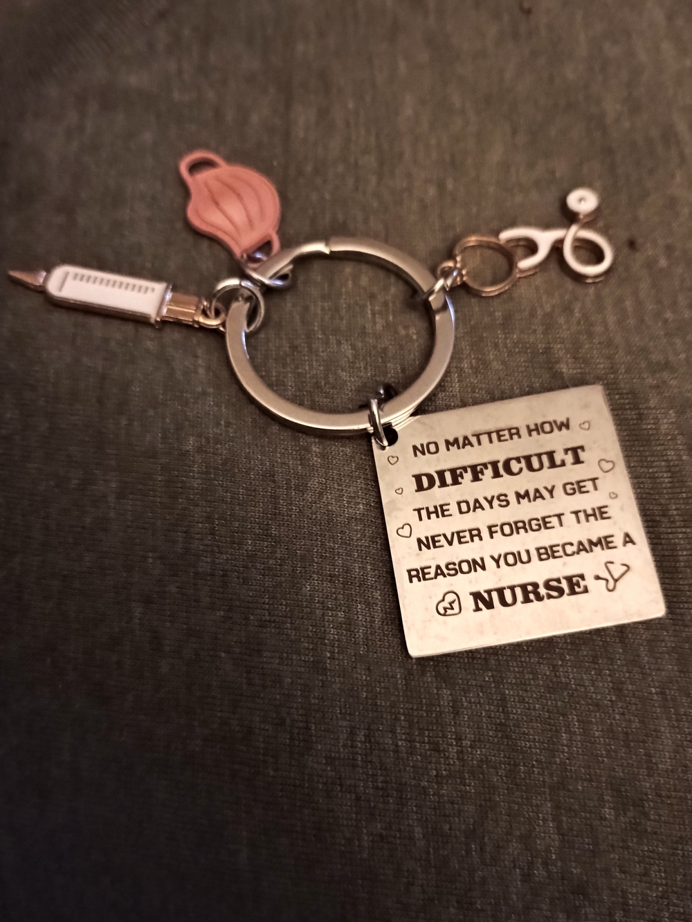 Nurse Keychain Charm - Silver Square Inspirational Tag with Pink  Charms